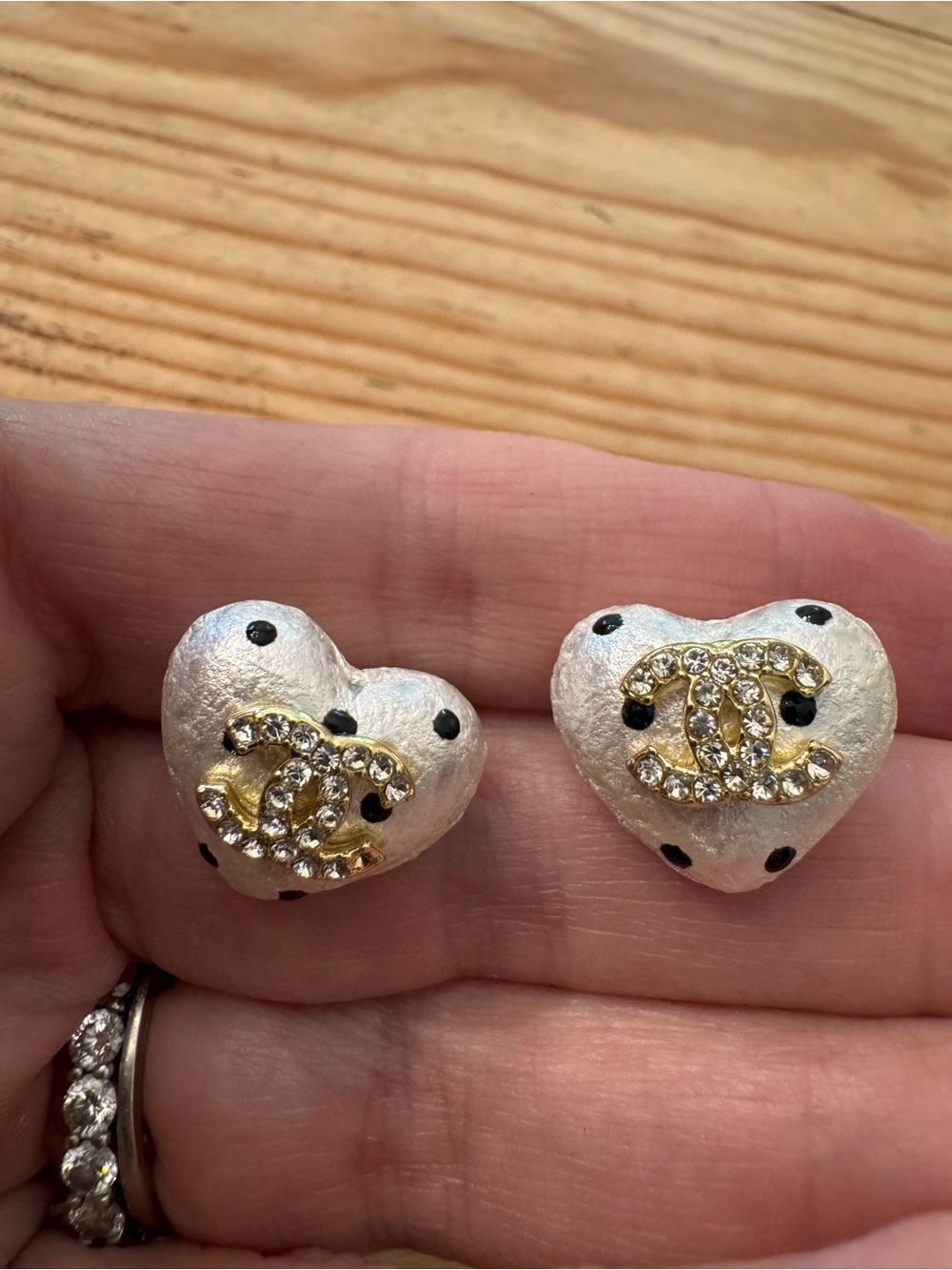 CC White Polka Dot Heart Earrings with Gold CC and Crystals